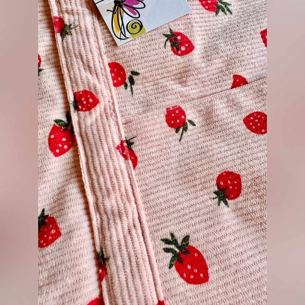 New Pink Corduroy Strawberry Purse Tote Bag w/ Pocket, Zipper, Crochet Accent - Picture 8 of 11